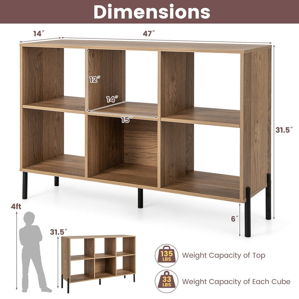 6 Cube Open Back Bookcase on Metal Legs, Low Storage Unit, Natural Wood Look