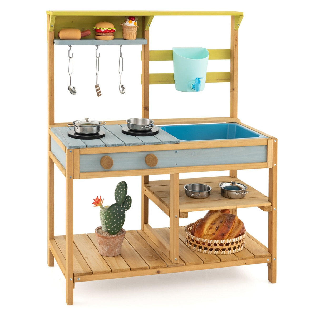 Outdoor Mud Kitchen for Kids with Running Tap, Water Box and Removable Sink