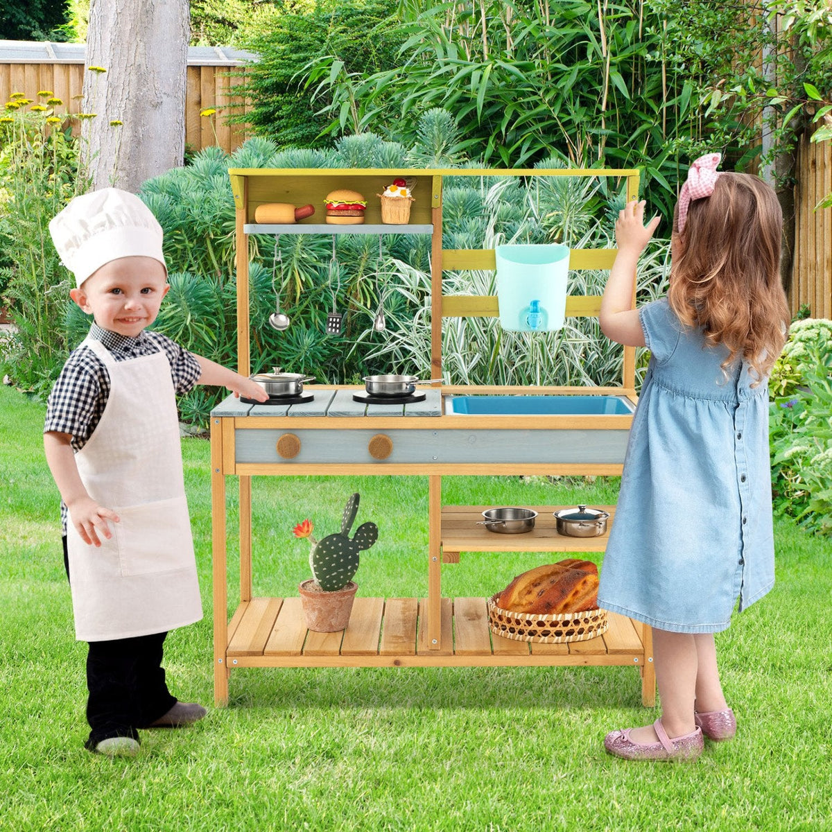 Outdoor Mud Kitchen for Kids with Running Tap, Water Box and Removable Sink