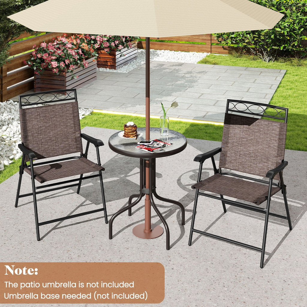 3 Piece Folding Bistro Dining Set, 2 Sling Chairs Rated 330 lb at 9.5 lb Each and 24 in Rippled Glass Table with 1.57 in Umbrella Hole