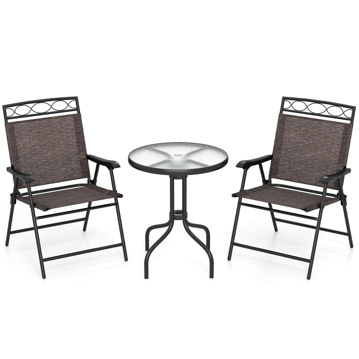 3 Piece Folding Bistro Dining Set, 2 Sling Chairs Rated 330 lb at 9.5 lb Each and 24 in Rippled Glass Table with 1.57 in Umbrella Hole