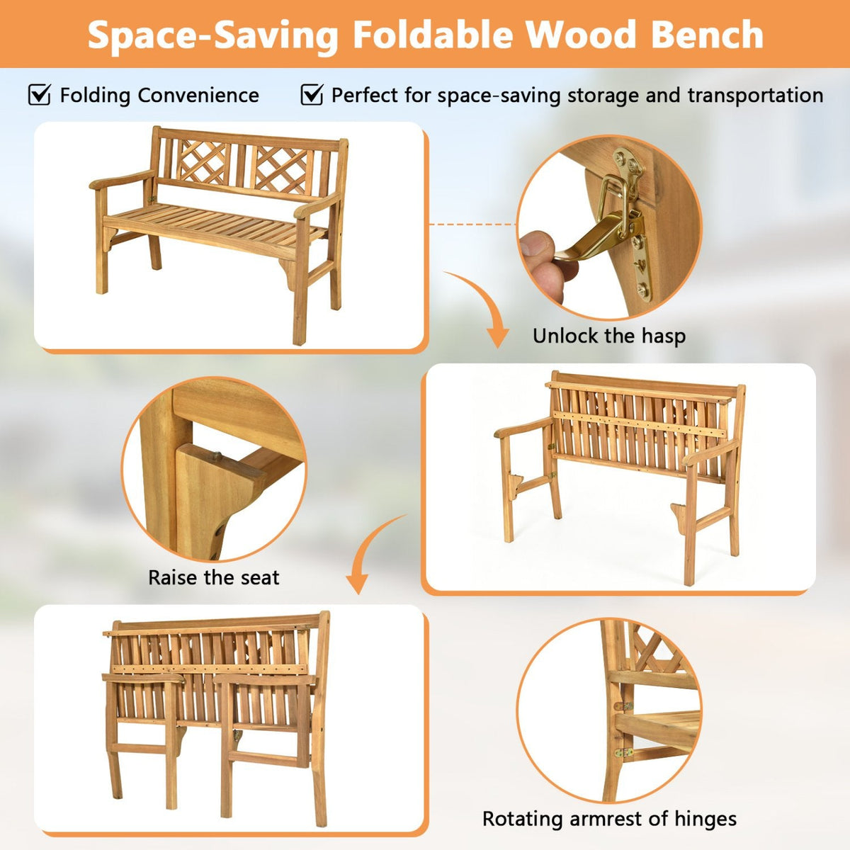 Patio Foldable Bench with Curved Backrest and Armrest