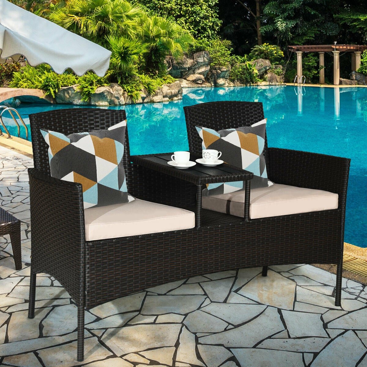 Wicker Patio Loveseat with Built In Center Table and Cushions, Beige