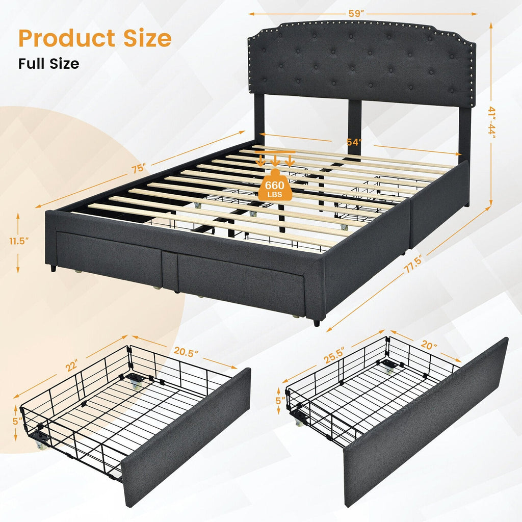 Full Size Upholstered Storage Bed with 4 Drawers and Height Adjustable Headboard, Grey