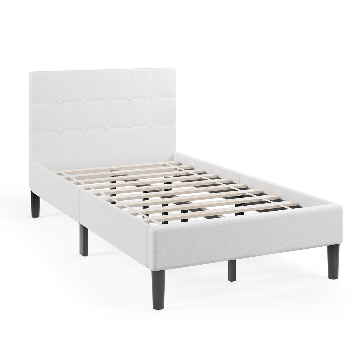 Twin Upholstered Platform Bed with Square Tufted Headboard and 10 Wood Slats