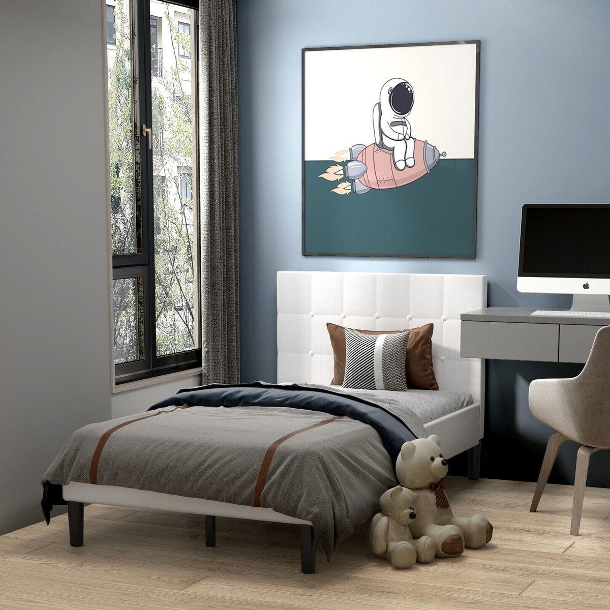 Twin Upholstered Platform Bed with Square Tufted Headboard and 10 Wood Slats