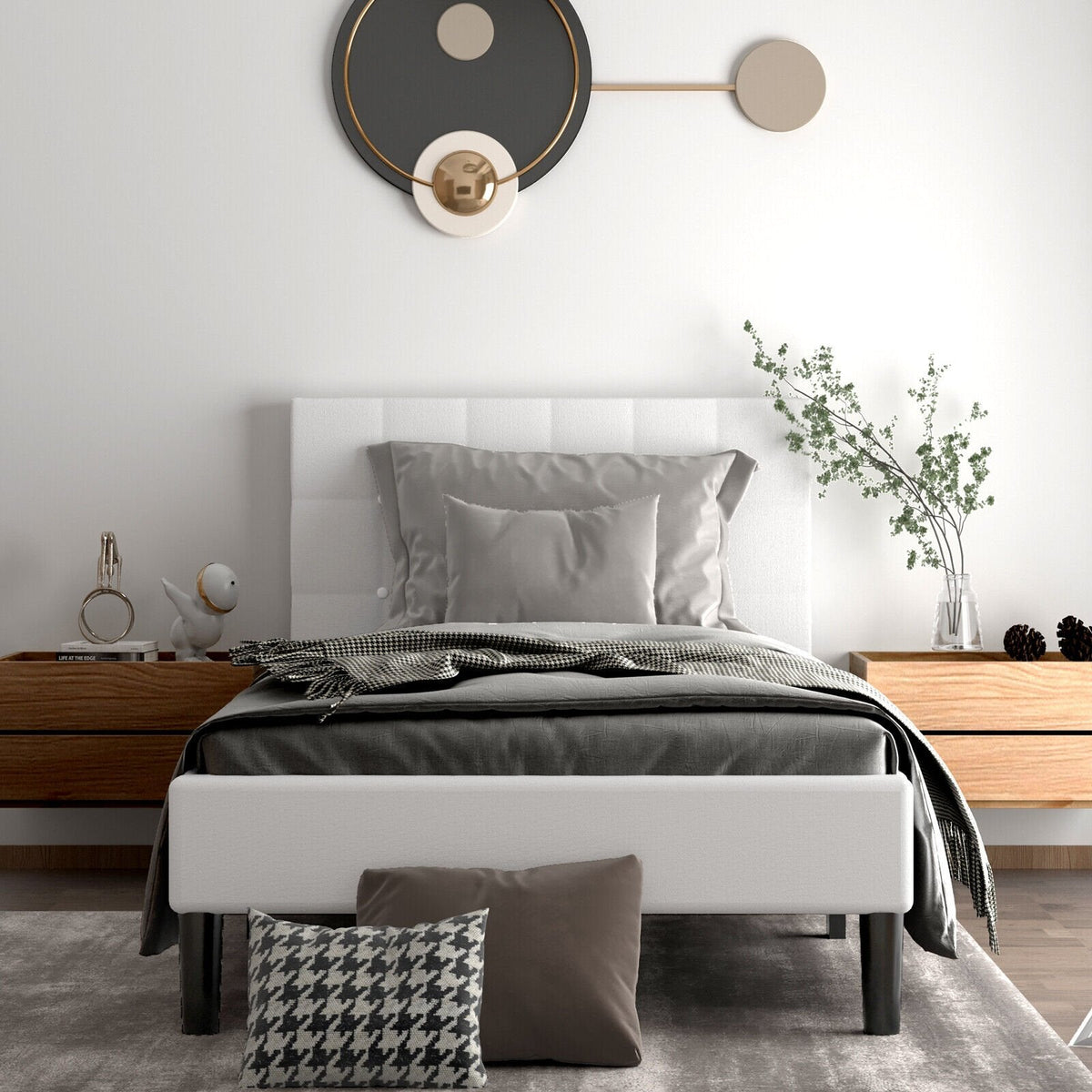 Twin Upholstered Platform Bed with Square Tufted Headboard and 10 Wood Slats