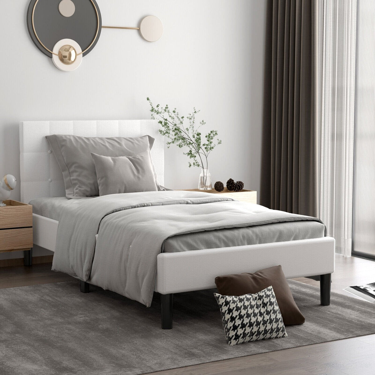 Twin Upholstered Platform Bed with Square Tufted Headboard and 10 Wood Slats