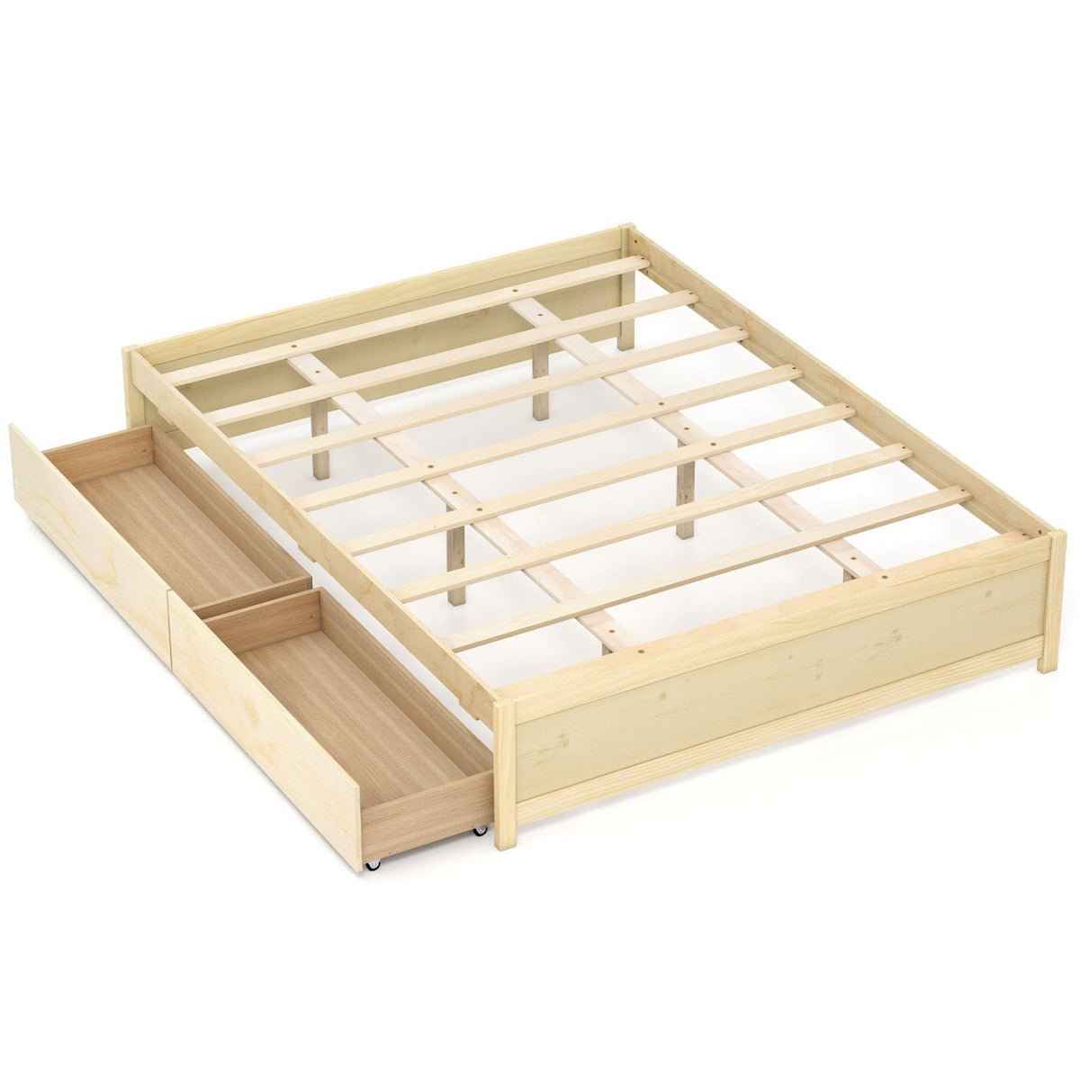 Queen Size Bed Frame with 2 Rolling Storage Drawers-Natural