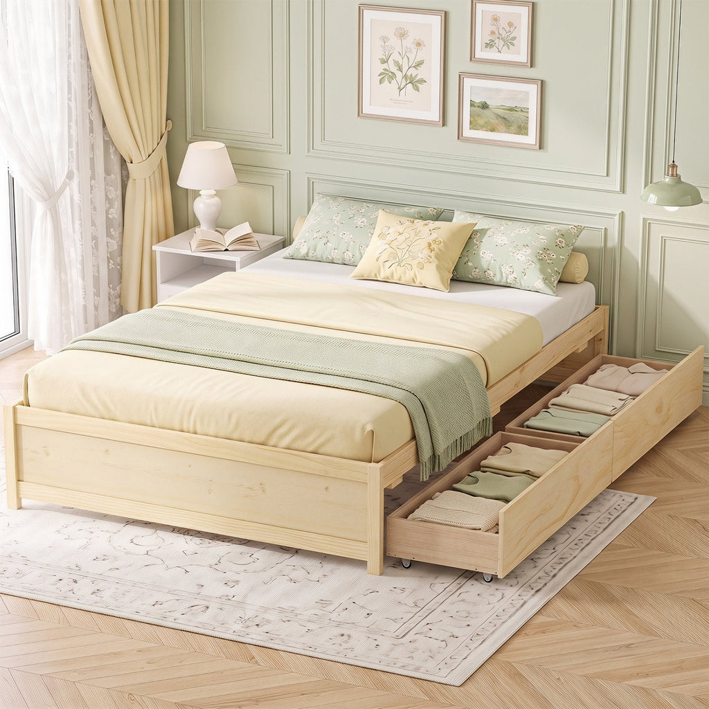 Queen Size Bed Frame with 2 Rolling Storage Drawers-Natural