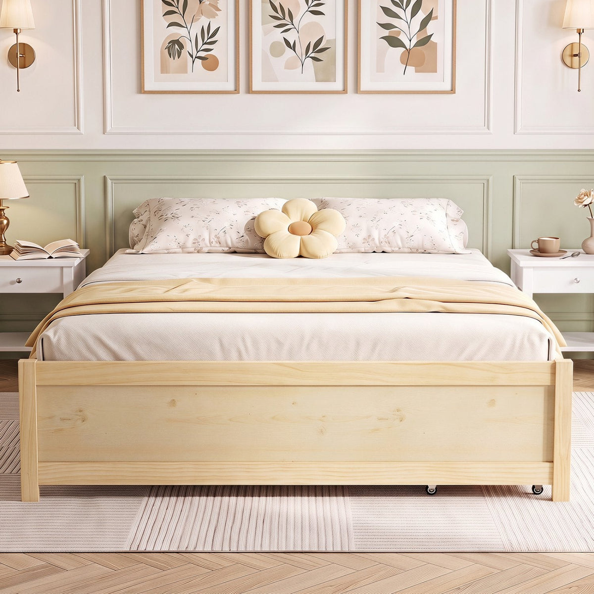 Queen Size Bed Frame with 2 Rolling Storage Drawers-Natural