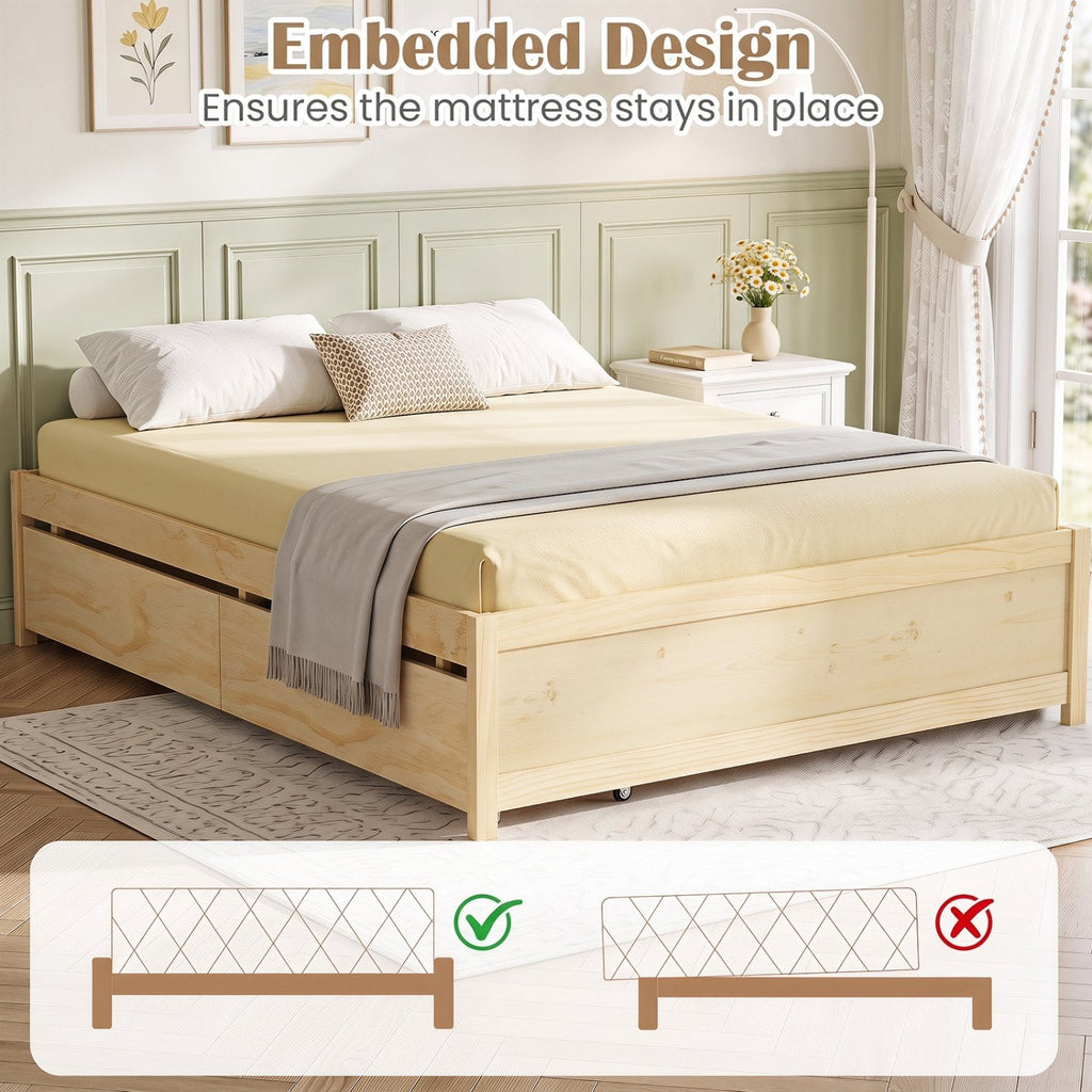 Queen Size Bed Frame with 2 Rolling Storage Drawers-Natural