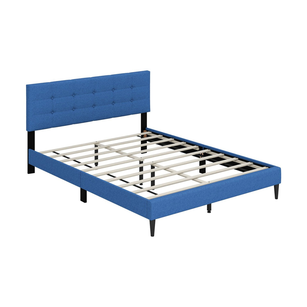 Queen Linen Platform Bed with Button Tufted Headboard and 10 Wooden Slats, Blue
