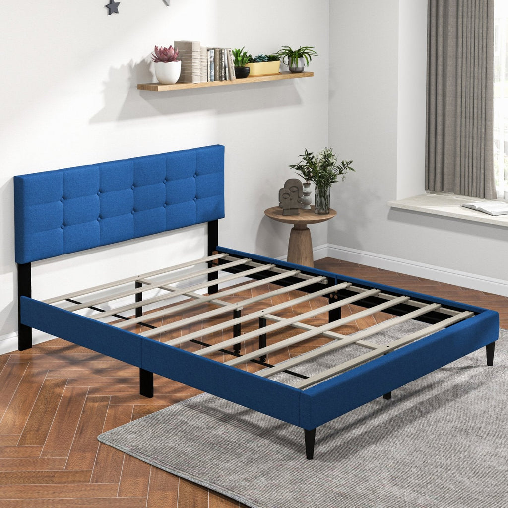 Queen Linen Platform Bed with Button Tufted Headboard and 10 Wooden Slats, Blue