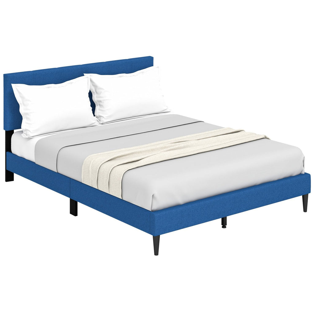 Queen Linen Platform Bed with Button Tufted Headboard and 10 Wooden Slats, Blue