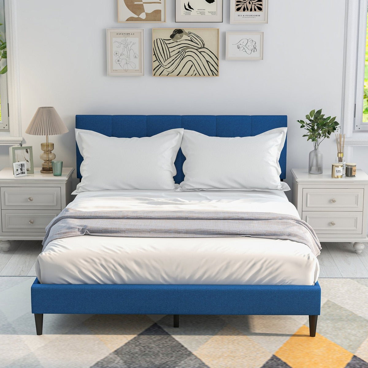Queen Linen Platform Bed with Button Tufted Headboard and 10 Wooden Slats, Blue