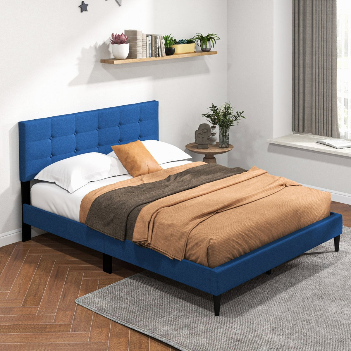 Queen Linen Platform Bed with Button Tufted Headboard and 10 Wooden Slats, Blue