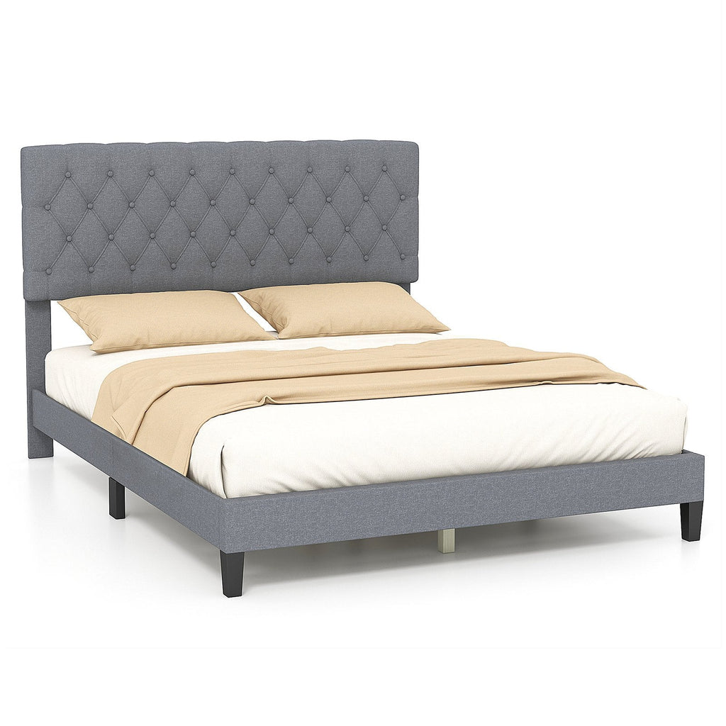 Queen Linen Platform Bed with 47.5 Inch Diamond Tufted Headboard and 12 Slats