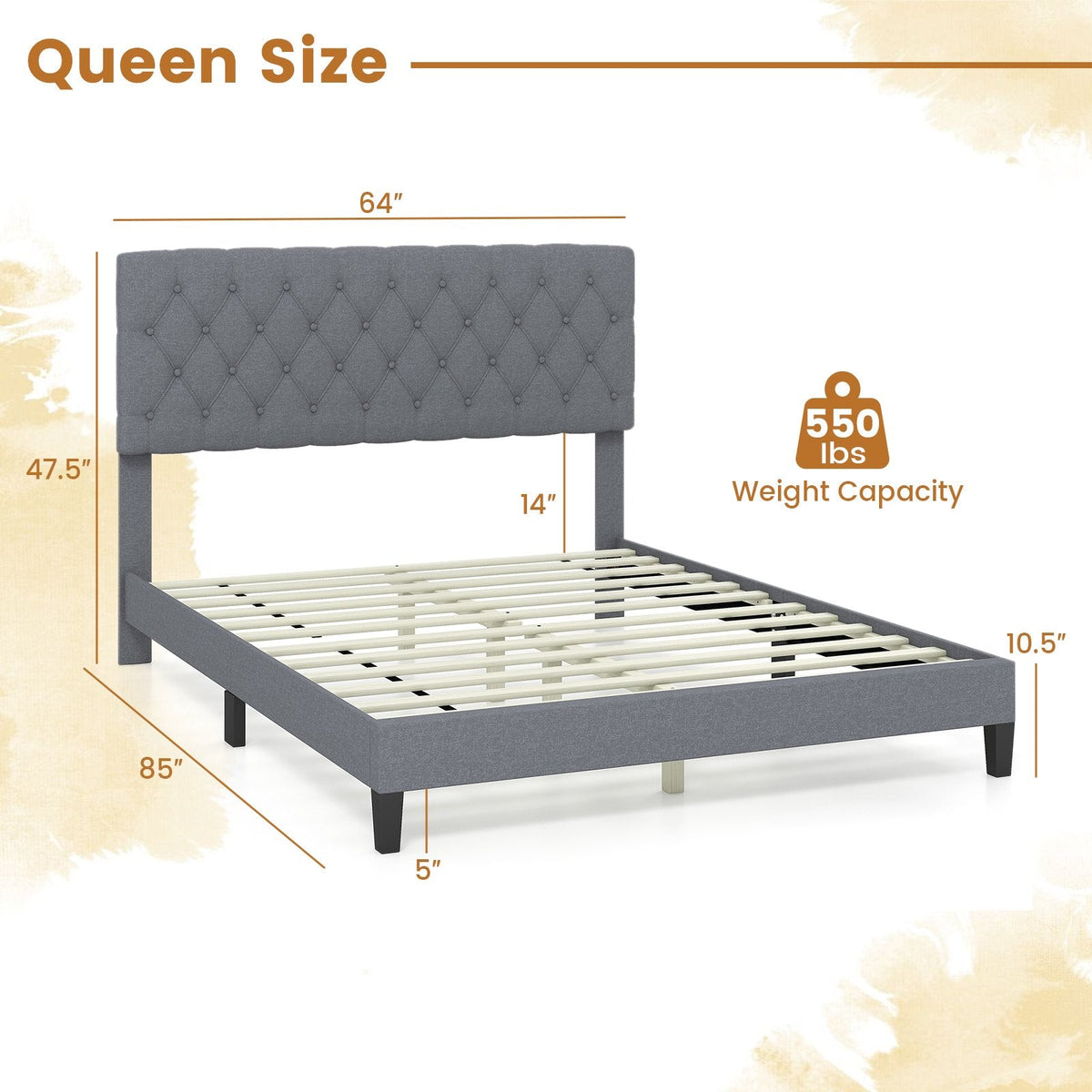 Queen Linen Platform Bed with 47.5 Inch Diamond Tufted Headboard and 12 Slats