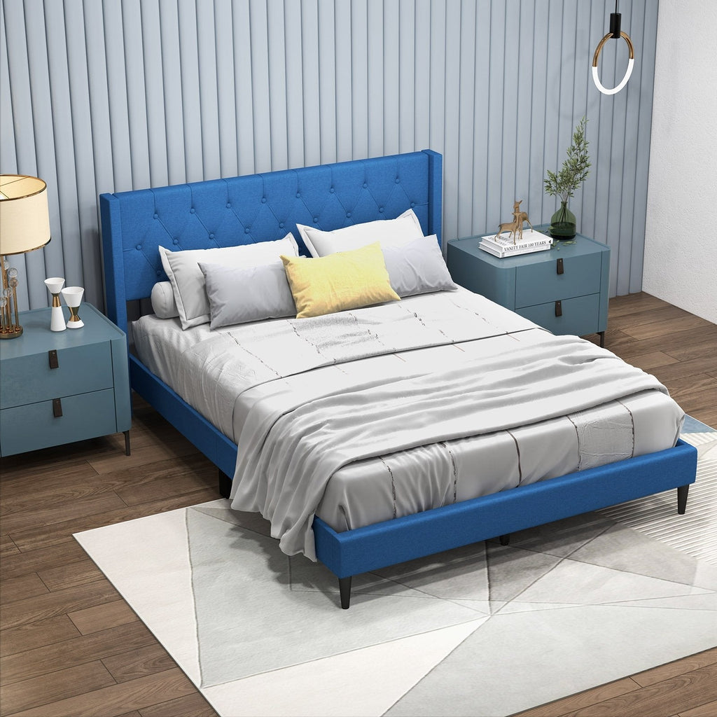 Queen Linen Platform Bed with Button Tufted Wingback Headboard, Blue