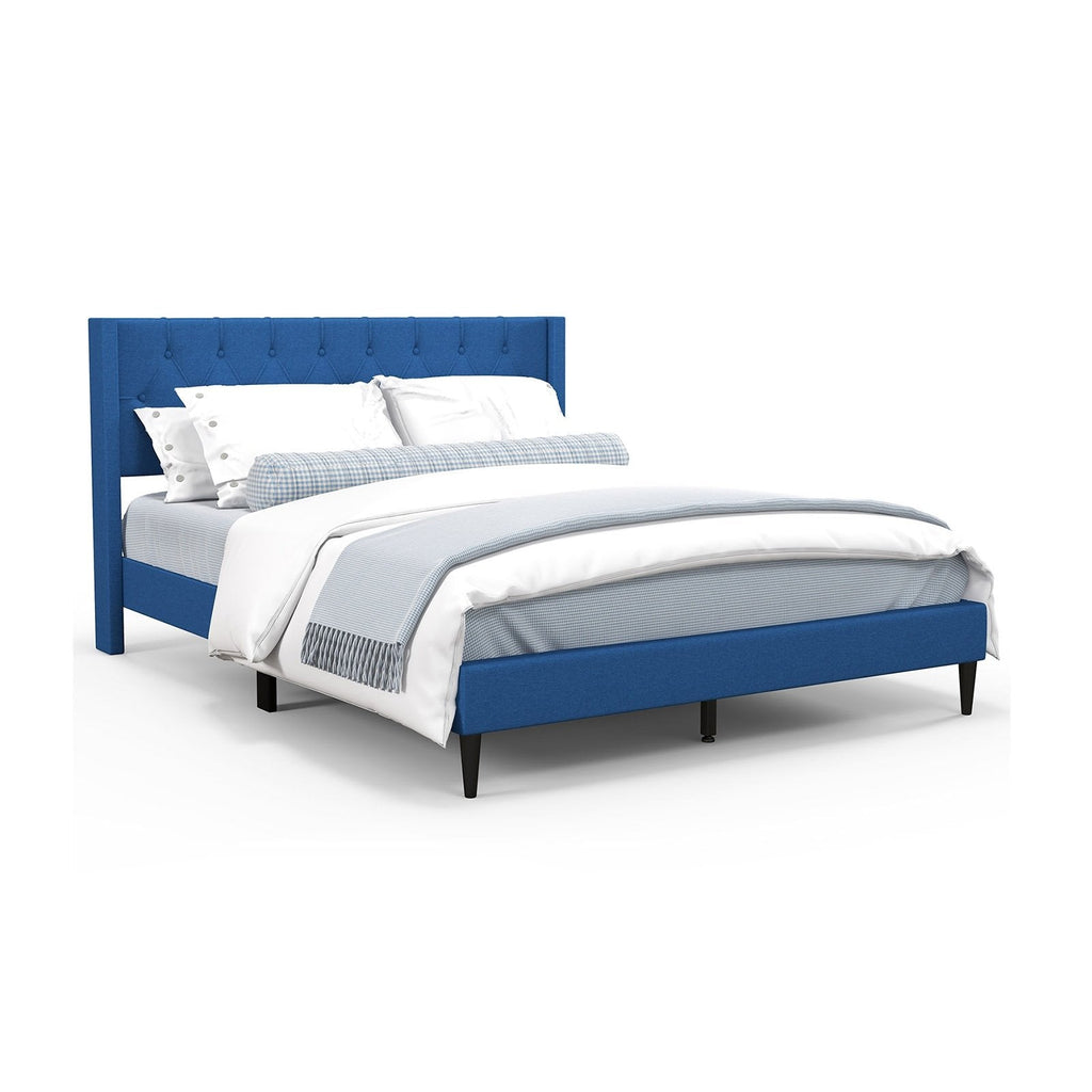 Queen Linen Platform Bed with Button Tufted Wingback Headboard, Blue