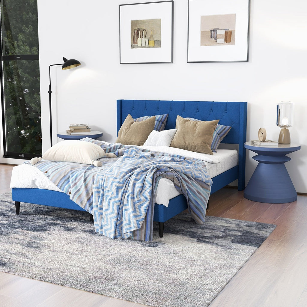 Queen Linen Platform Bed with Button Tufted Wingback Headboard, Blue