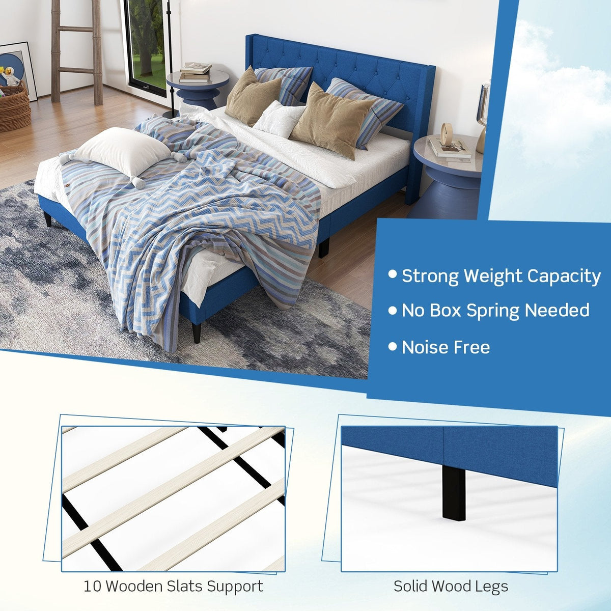 Queen Linen Platform Bed with Button Tufted Wingback Headboard, Blue