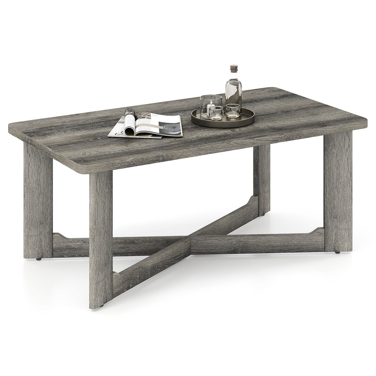 Rectangle Coffee Table Rubber Wood with X-Shaped Base-Gray