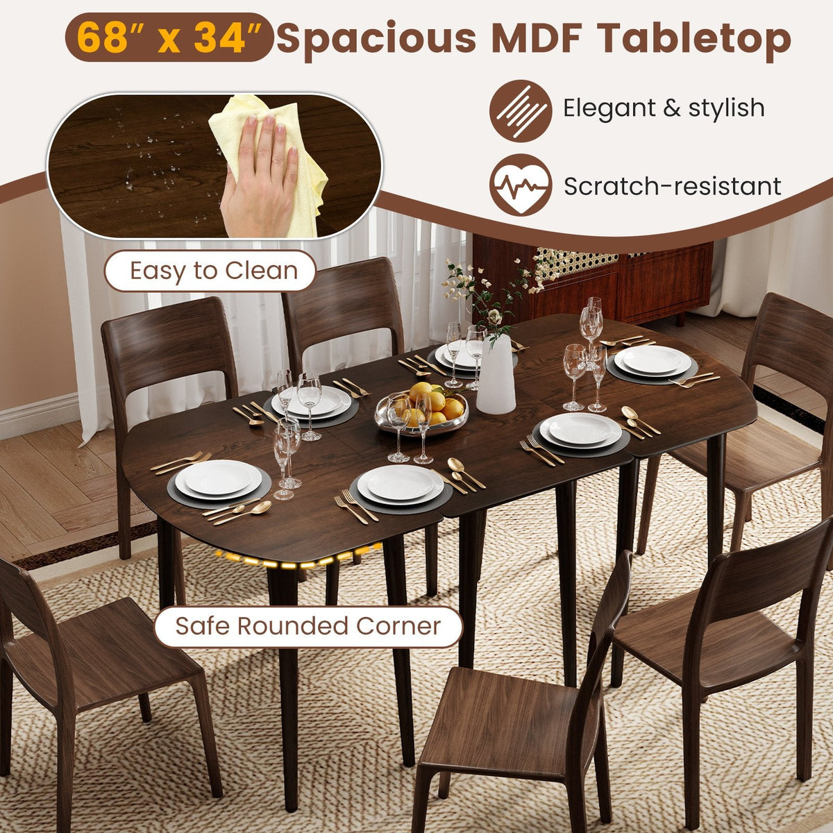Rectangular Wooden Dining Table for 2-4 34 Inch Farmhouse Solid Wood Kitchen Table-Walnut