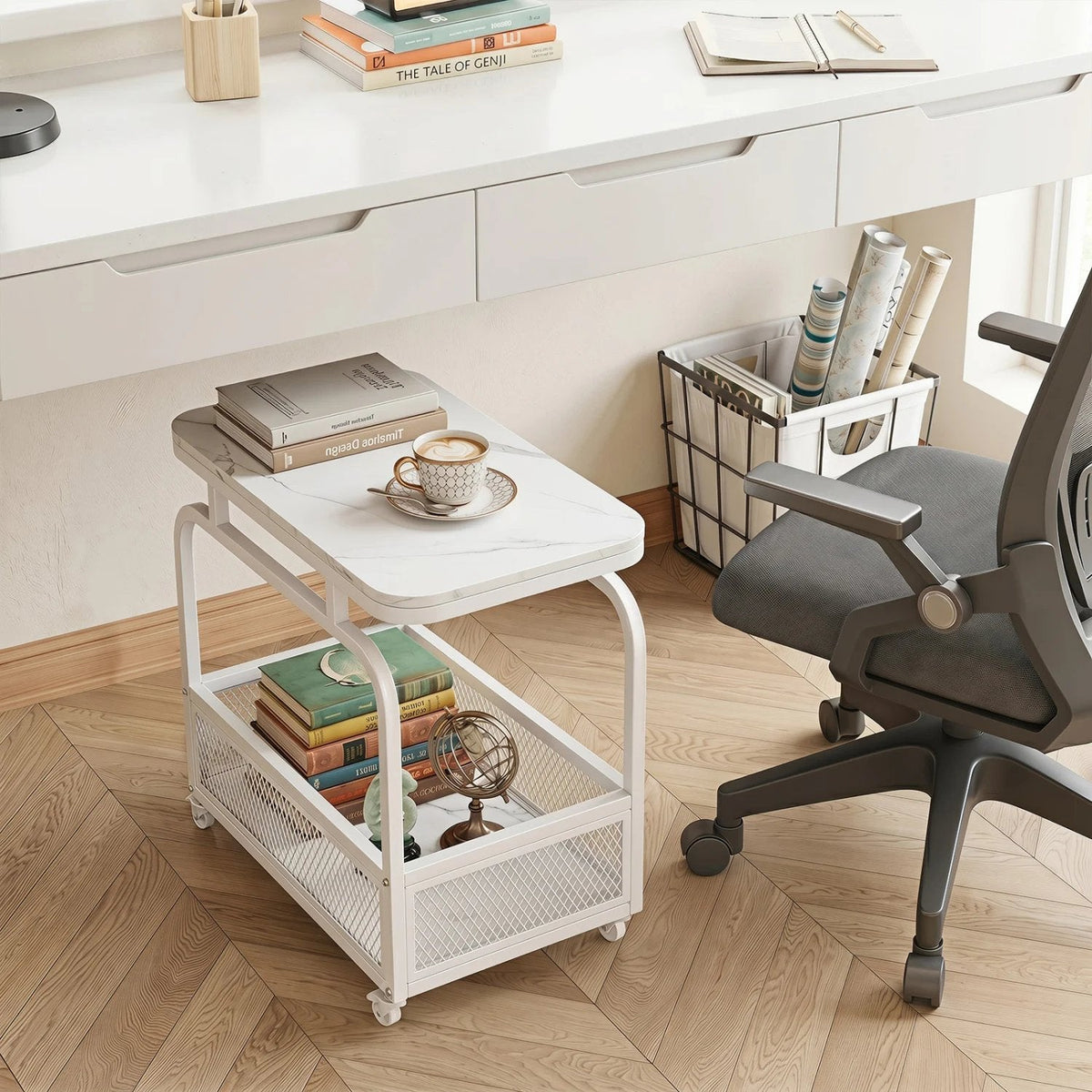 Rolling Side Table 2-Tier Narrow End Table with Mesh Storage Basket-White