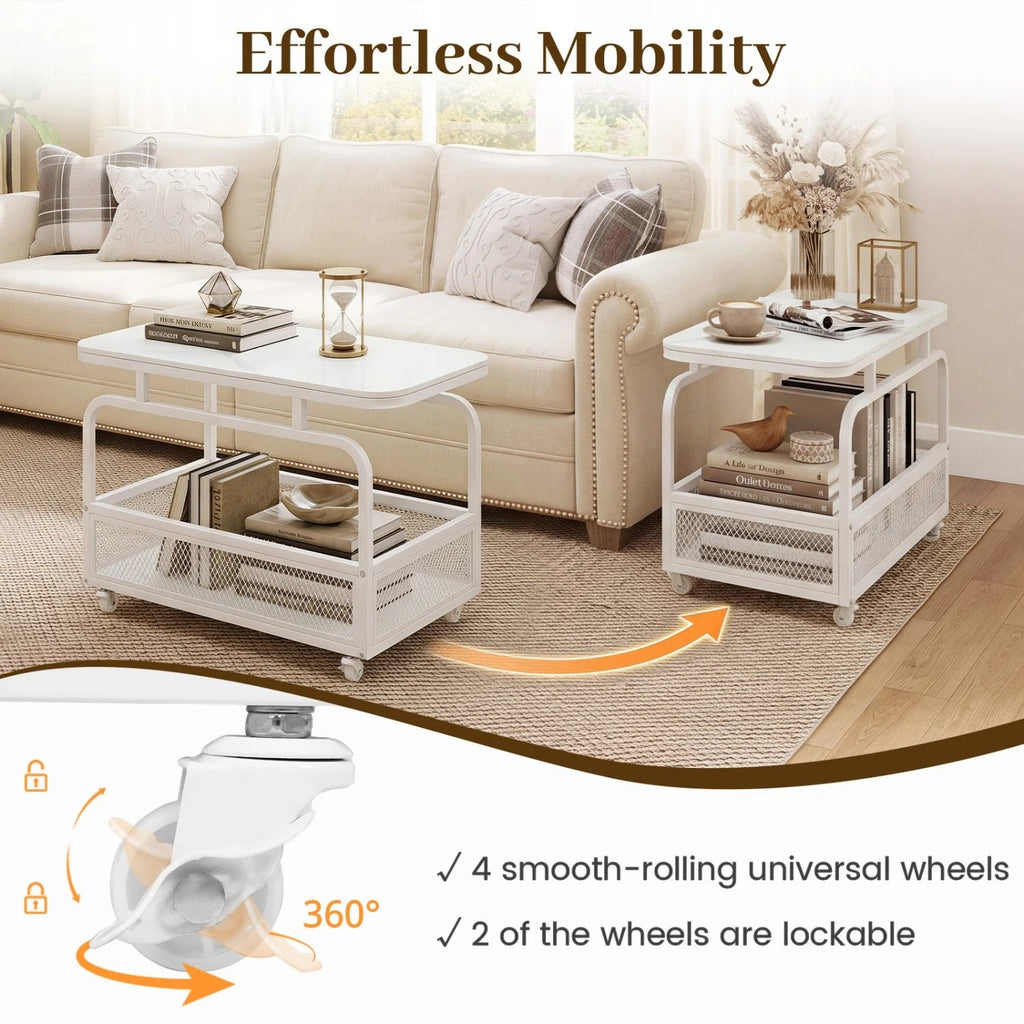 Rolling Side Table 2-Tier Narrow End Table with Mesh Storage Basket-White