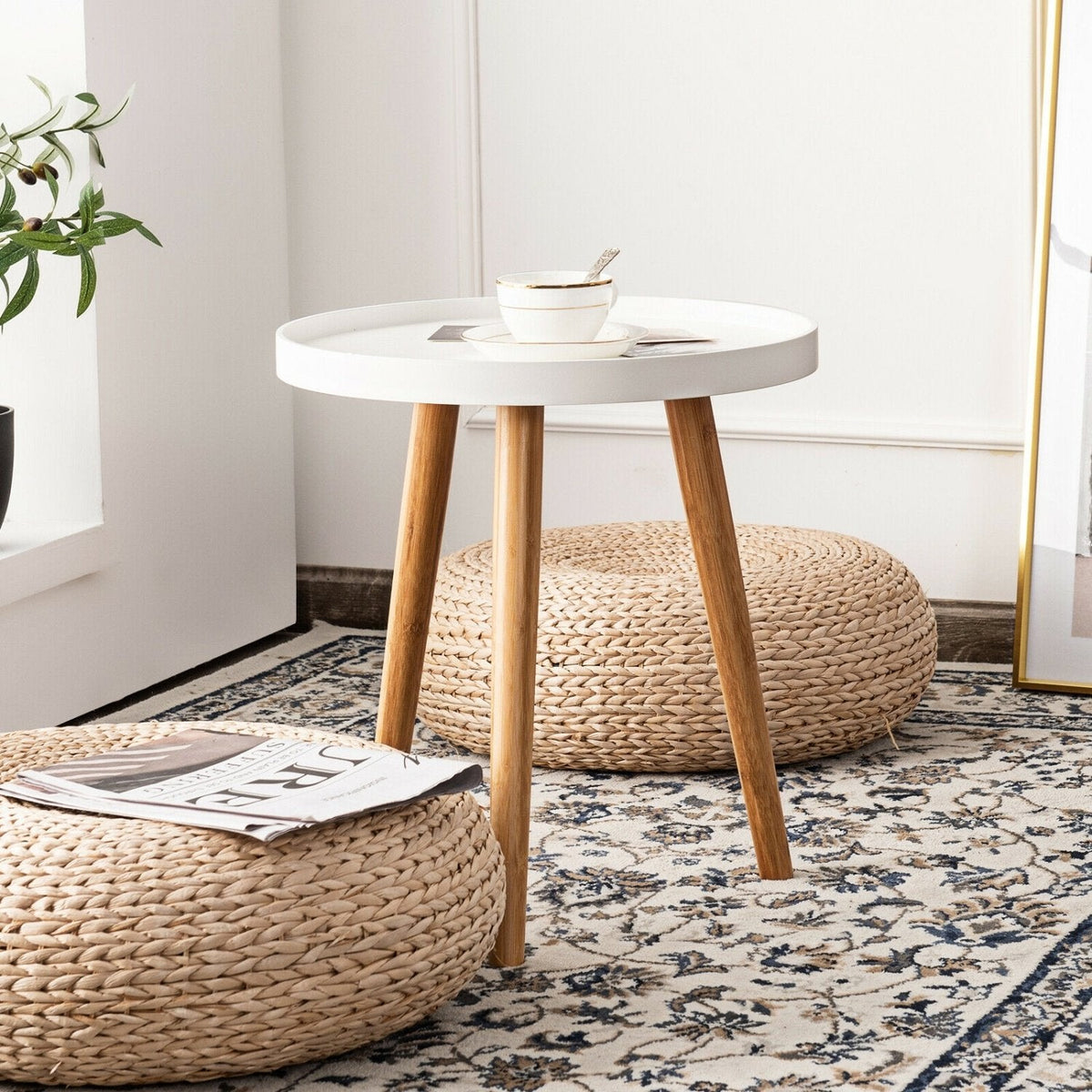 Round Side Table with White Tray Top and 3 Bamboo Legs, 16 Inch Accent Table