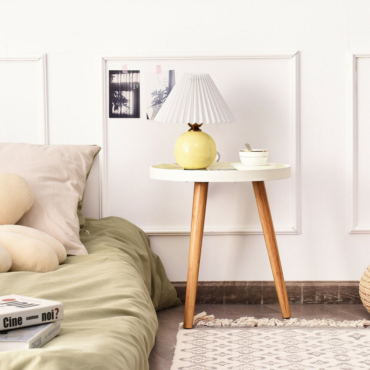 Round Side Table with White Tray Top and 3 Bamboo Legs, 16 Inch Accent Table