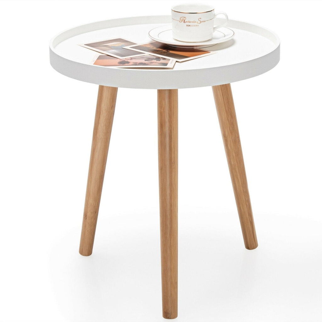 Round Side Table with White Tray Top and 3 Bamboo Legs, 16 Inch Accent Table