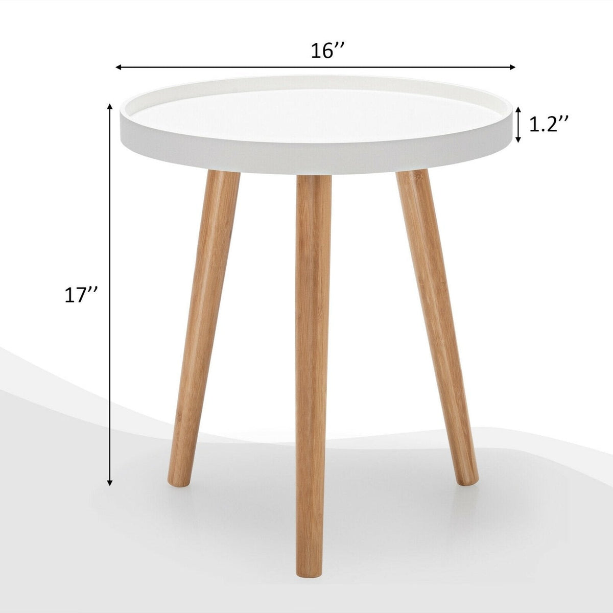 Round Side Table with White Tray Top and 3 Bamboo Legs, 16 Inch Accent Table