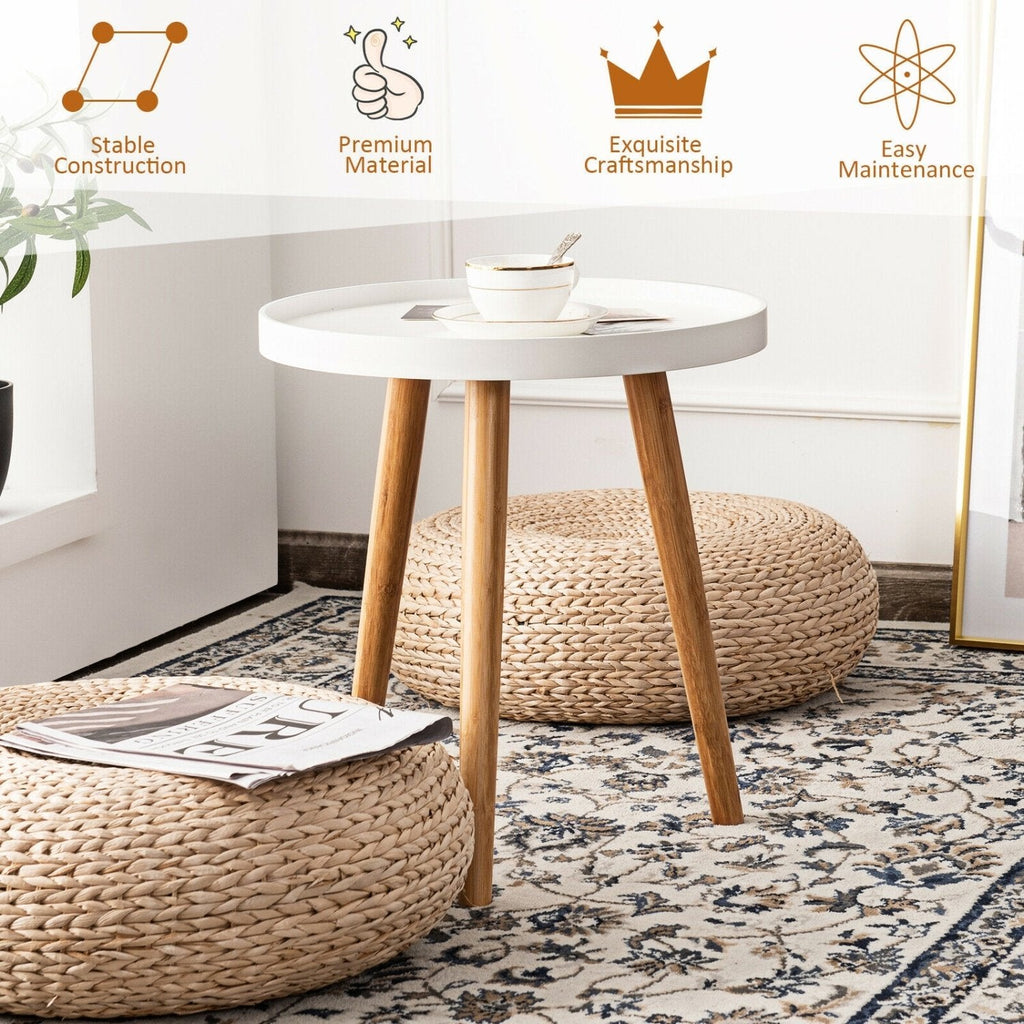 Round Side Table with White Tray Top and 3 Bamboo Legs, 16 Inch Accent Table