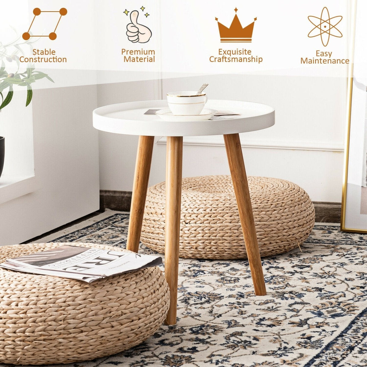 Round Side Table with White Tray Top and 3 Bamboo Legs, 16 Inch Accent Table