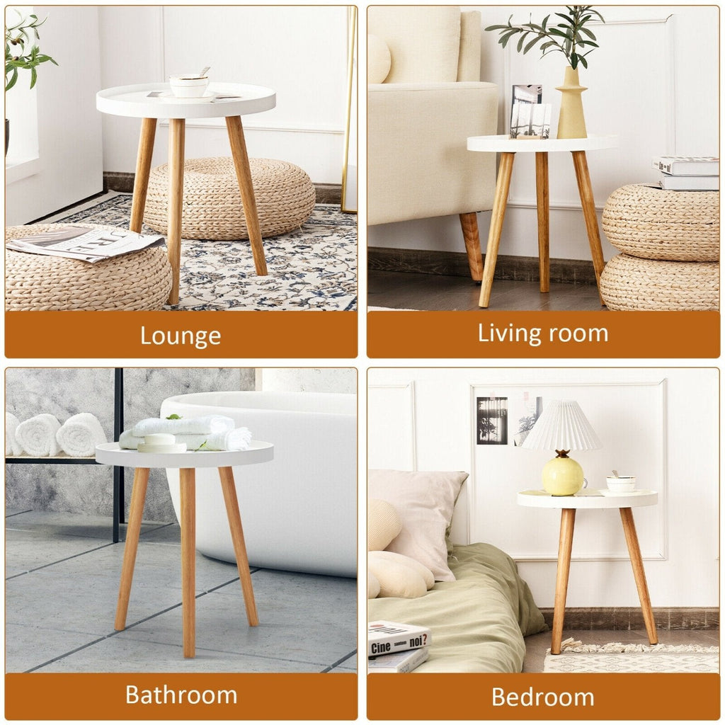 Round Side Table with White Tray Top and 3 Bamboo Legs, 16 Inch Accent Table