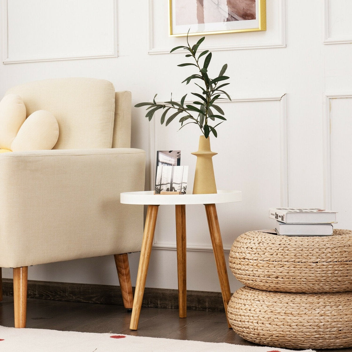 Round Side Table with White Tray Top and 3 Bamboo Legs, 16 Inch Accent Table
