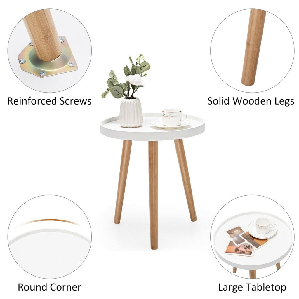 Round Side Table with White Tray Top and 3 Bamboo Legs, 16 Inch Accent Table