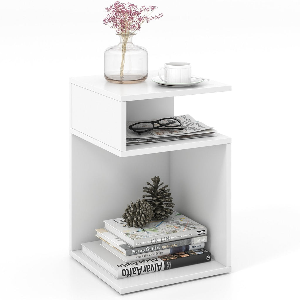 S-Shaped Side Table with 2 Open Compartments, White