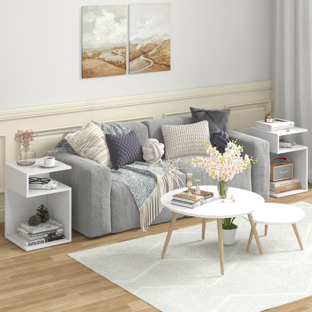 S-Shaped Side Table with 2 Open Compartments, White