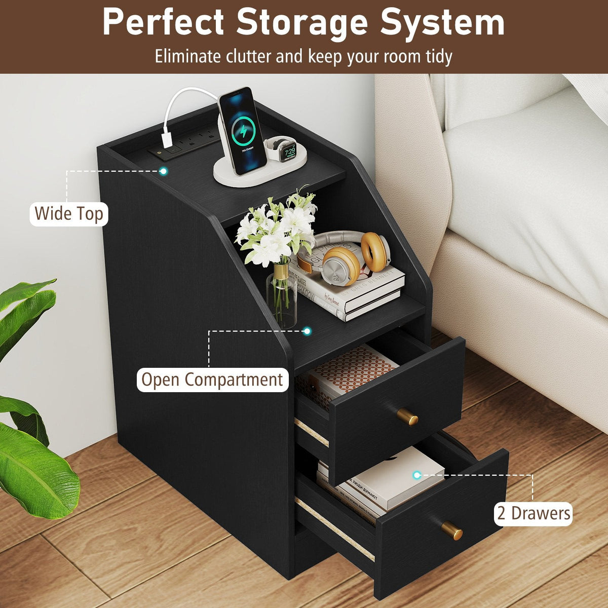 Set of 2 Side End Tables with Charging Station Sofa Couch Tables with Shelf Drawers-Black