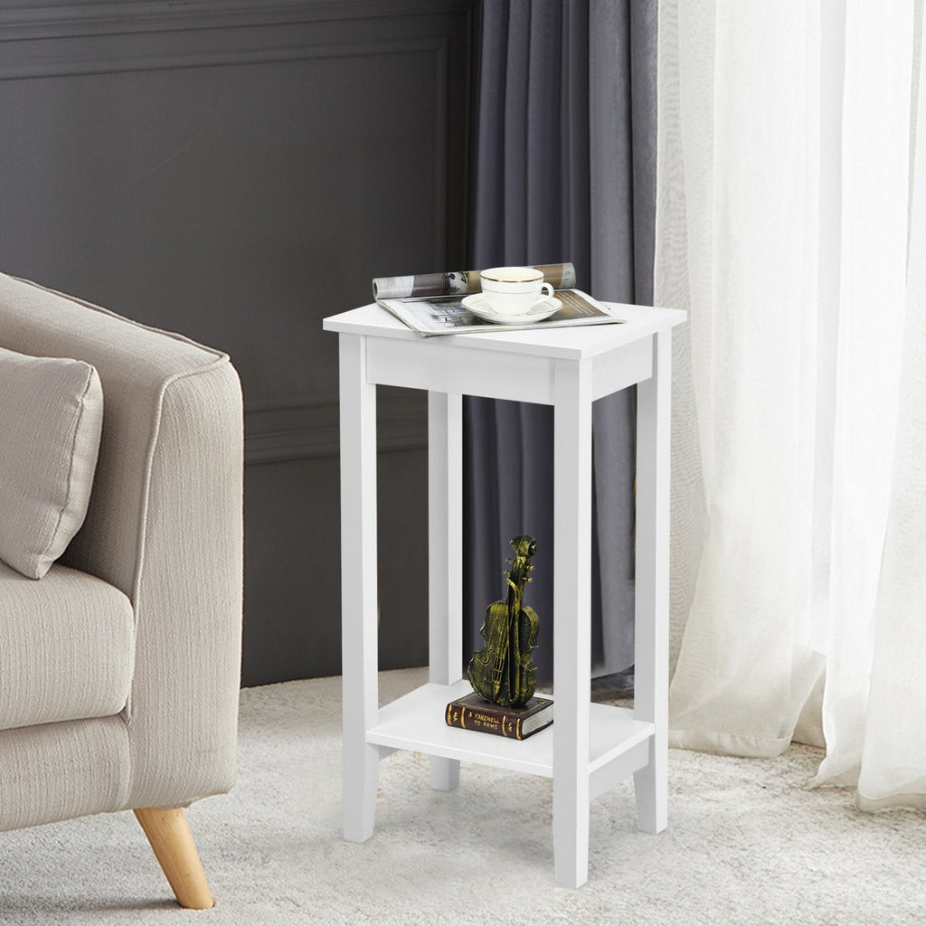 Set of 2 Tall 2 Tier End Tables with Solid Wood Legs, White