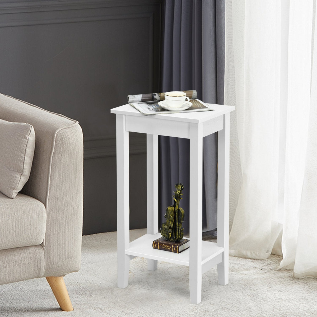 Set of 2 Tall 2 Tier End Tables with Solid Wood Legs, White