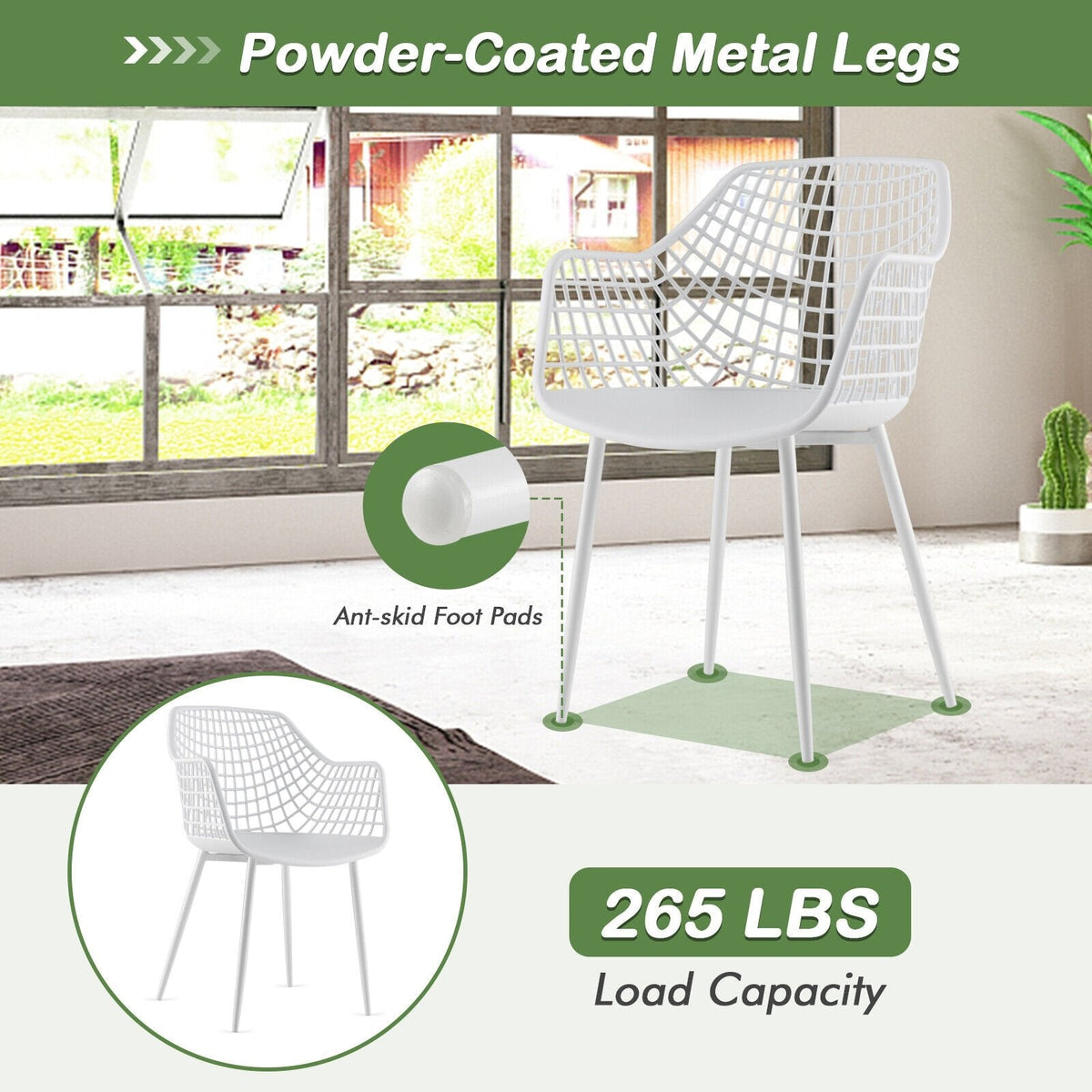 Set of 4 Hollow Back Dining Armchairs with Curved Seat, White Plastic and Metal Legs