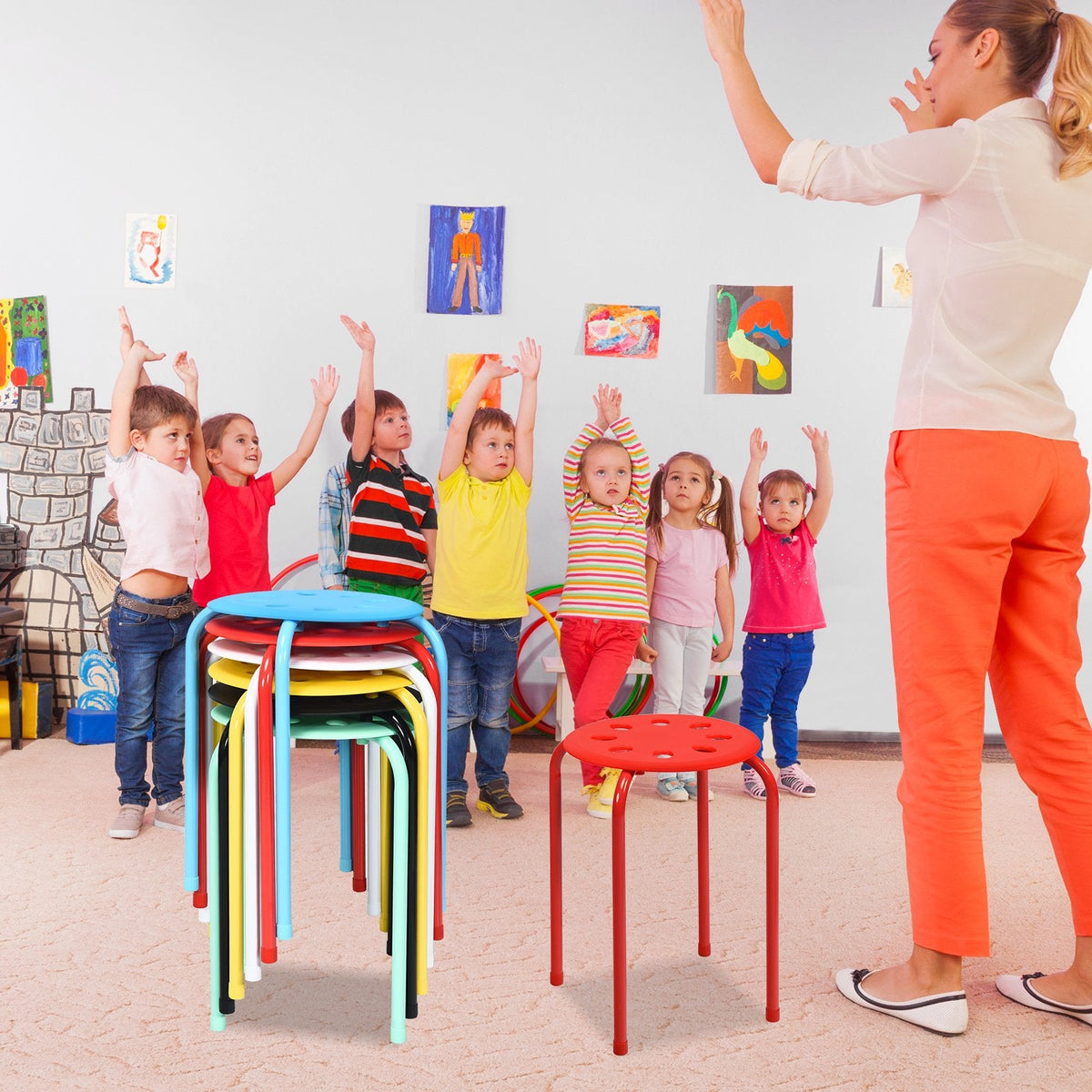 Set of 6 Stackable Backless Stools with Vented Plastic Seats in Assorted Colours