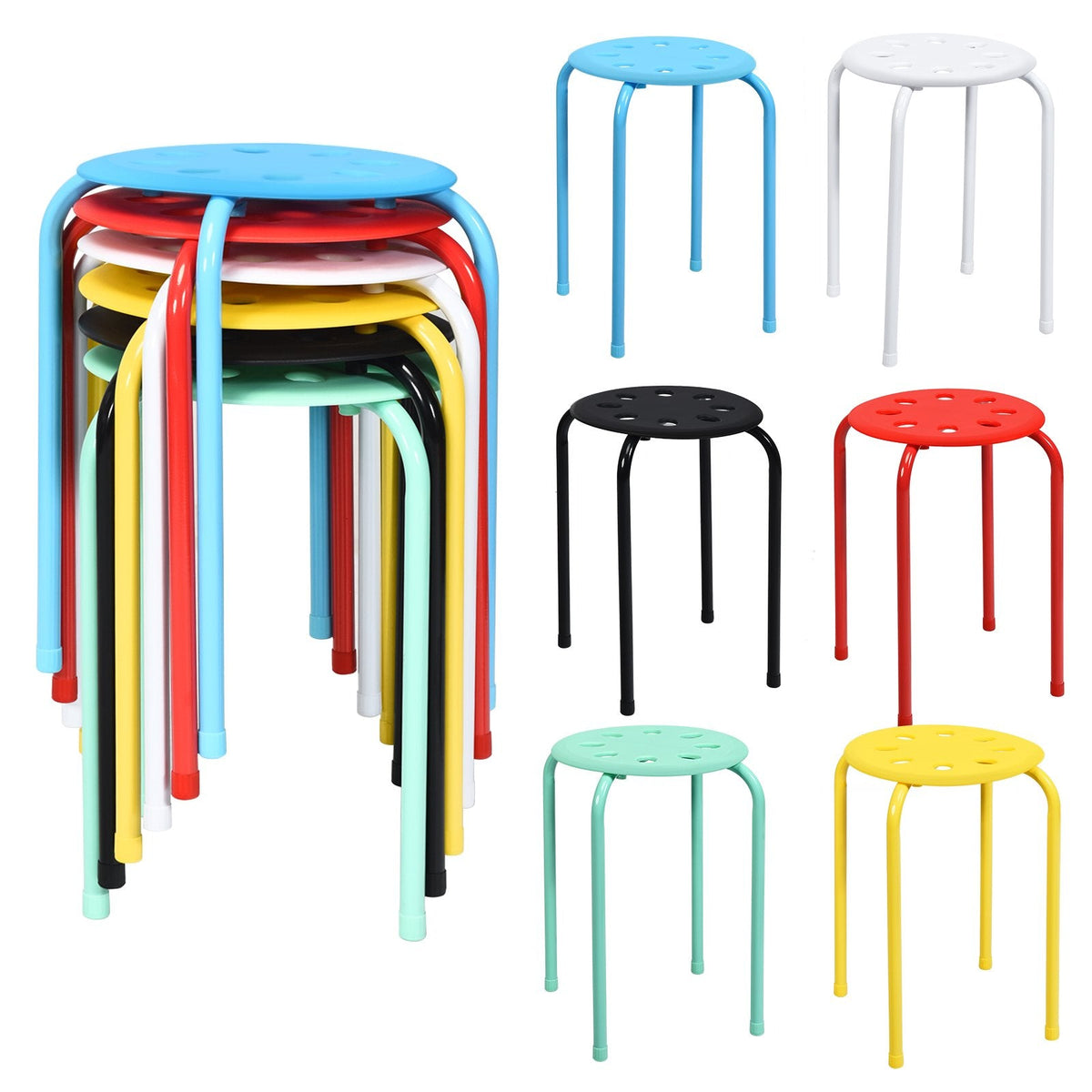 Set of 6 Stackable Backless Stools with Vented Plastic Seats in Assorted Colours