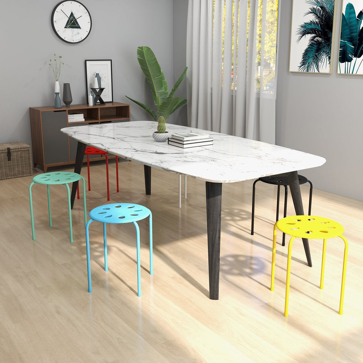 Set of 6 Stackable Backless Stools with Vented Plastic Seats in Assorted Colours