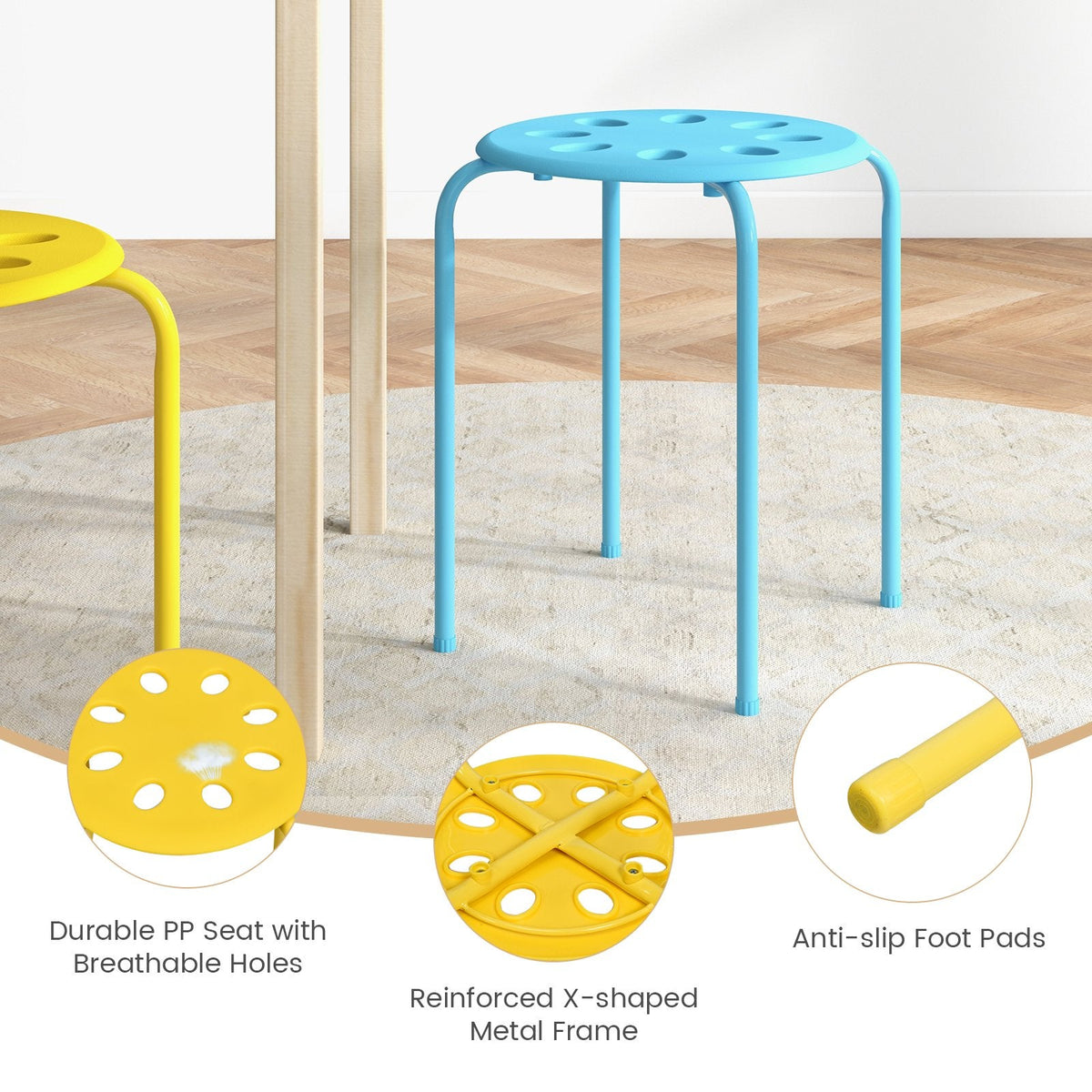 Set of 6 Stackable Backless Stools with Vented Plastic Seats in Assorted Colours